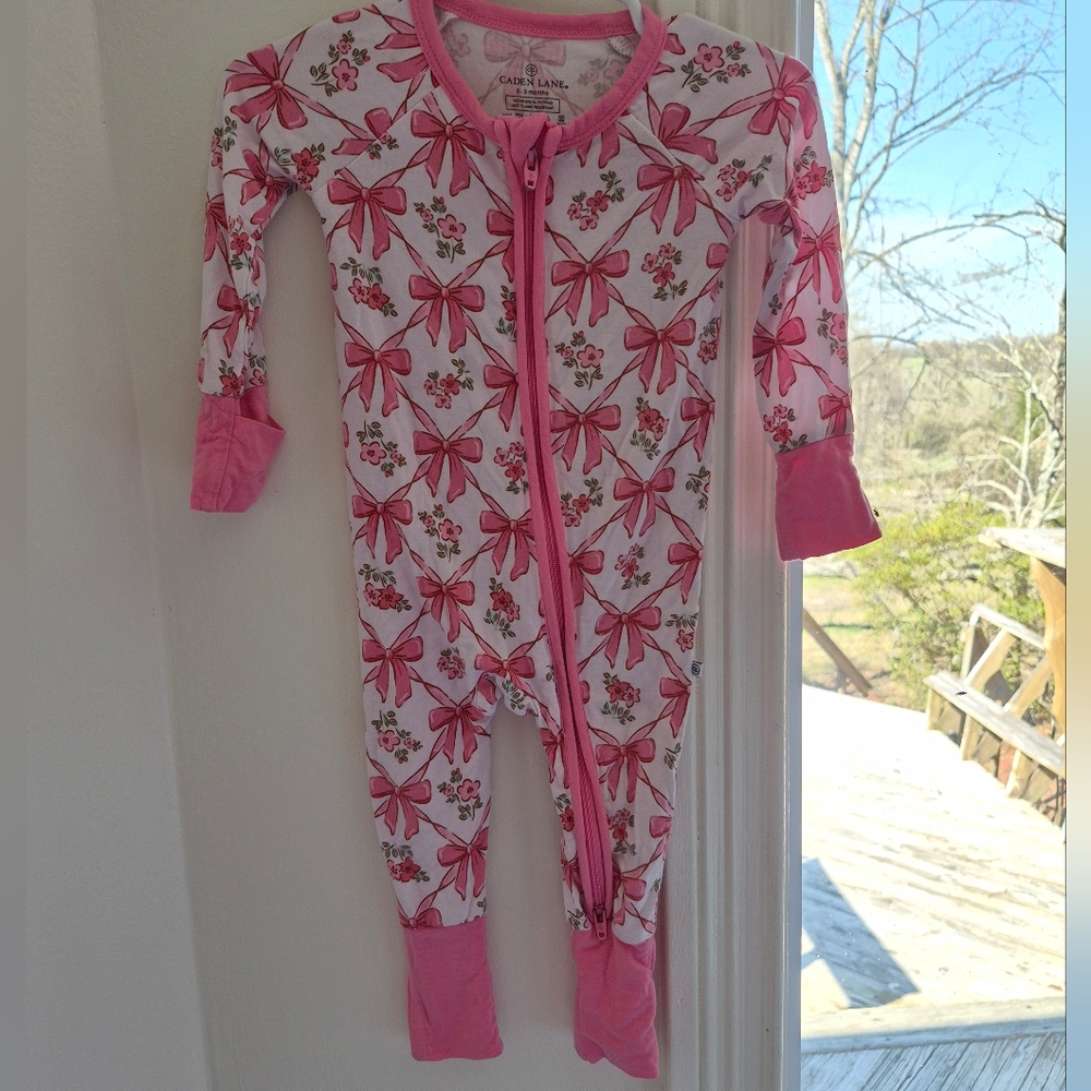 Caden Lane Pink Bow & Floral Footed One-Piece Bamboo